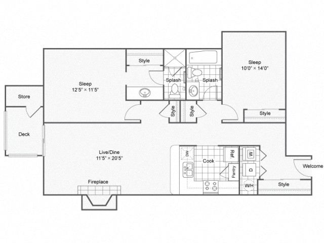 Floor plan for 2 beds, 2 baths, 973 sqft